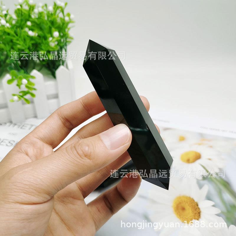 弘晶远水晶天然黑曜石双尖六棱柱水晶六棱柱原石打磨跨境摆件