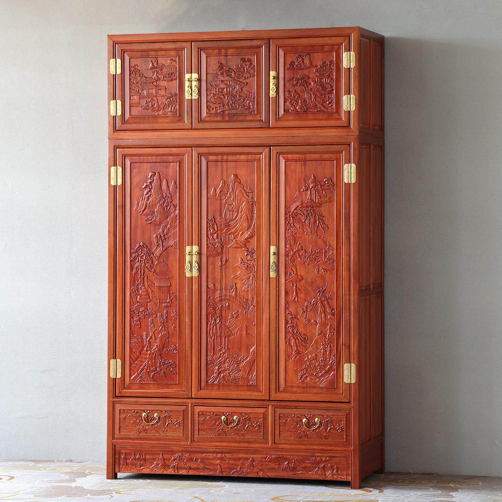 彷古家俱实木大衣柜南榆木四门组合顶箱柜明清古典中式雕花收纳柜