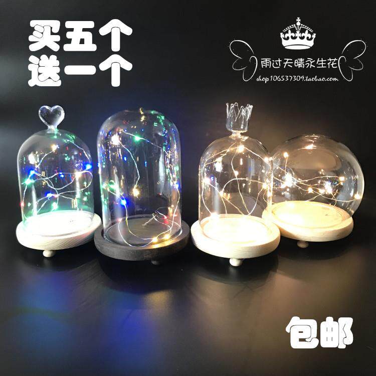 永生花DIY材料包玻璃罩空罩制作永生花玻璃摆件带七彩灯暖白包邮