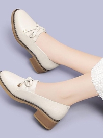 女士皮鞋春季2023年休闲软皮，的白鞋薄款软底，英伦中跟圆头单鞋