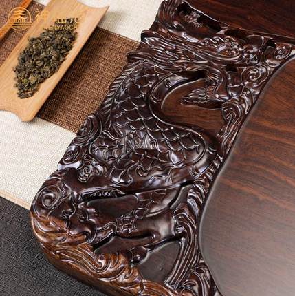 功夫茶具长方形黑檀木茶盘家用排水大号茶海立体精雕整块实木茶托