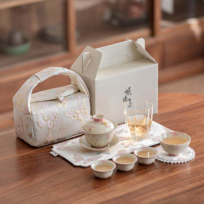 冰台釉下彩手绘蝴蝶兰盖碗组合茶具外出便携装布包旅行茶具套装
