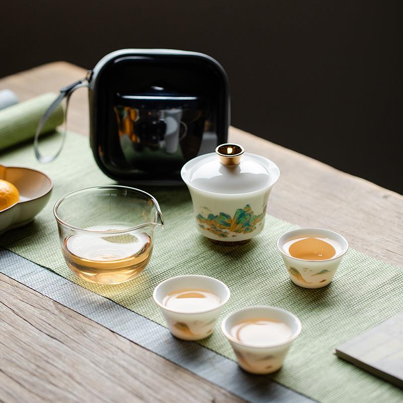 千里江山羊脂玉白瓷快客杯一壶三杯便携功夫旅行茶具陶瓷中式盖碗
