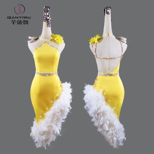 正品新拉丁表演比装赛舞服高端白羽毛钻石中国露背带花服装独吊奏