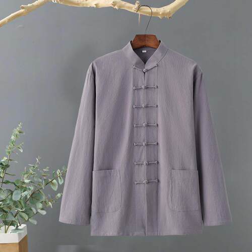 高档中国风唐装男中老年棉麻扣长秋打底衫禅袖服修中式复古亚麻汉