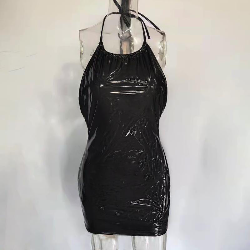 Candy-colored faux leather dress sexy nightclub backless