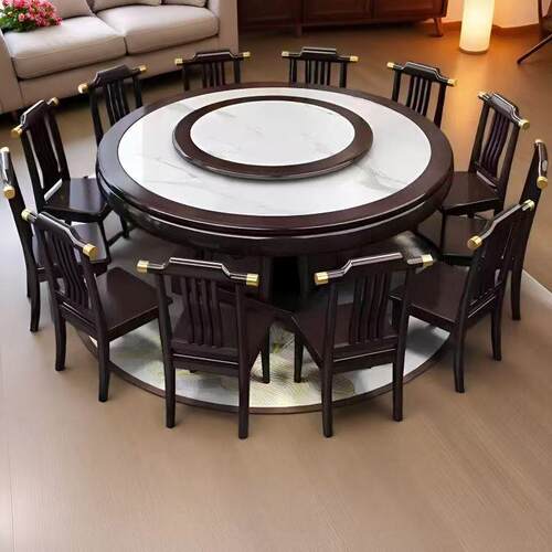 中式实木餐桌岩板餐桌椅圆形组合电磁炉转盘家用饭店酒店饭桌圆桌