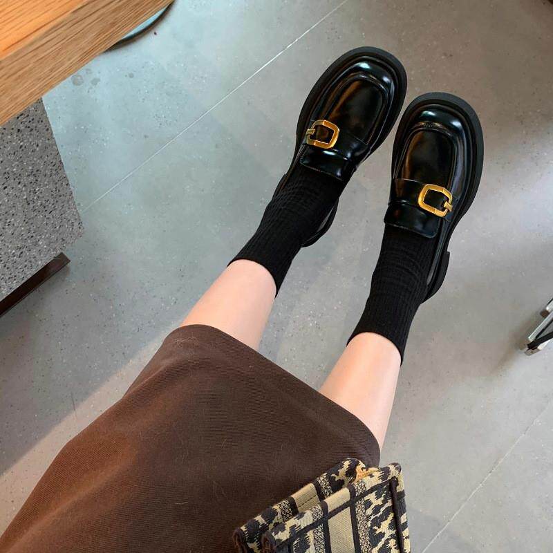 香港真皮厚底乐福鞋女2025春秋新款方扣粗跟英伦风复古小皮鞋单鞋