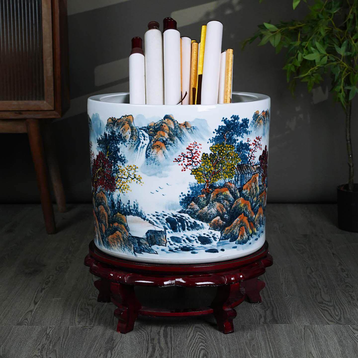 景德镇陶瓷名师手绘花瓶落地书画卷轴缸客厅书房字画收纳中式摆件
