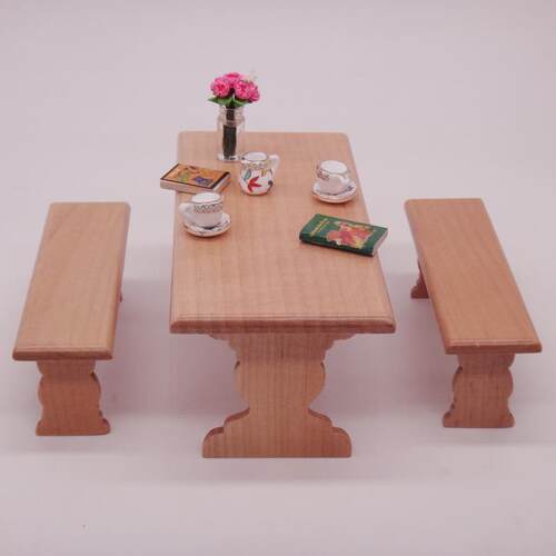 1:12娃娃屋dollhouse迷你家具模型餐厅场景原木色餐桌长桌长凳子