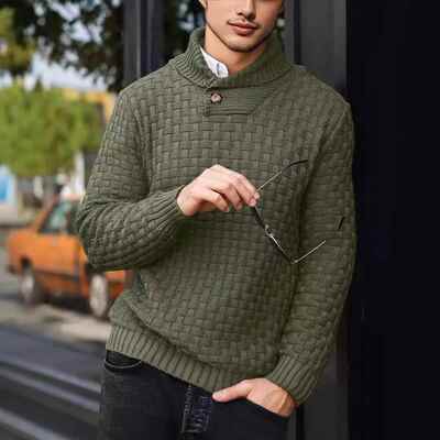 Men's flip collar knitted sweater with elastic pullover