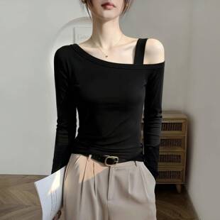 衣服女款秋黑色斜肩长袖打底衫2026新款吊带设计感内搭紧身0927z