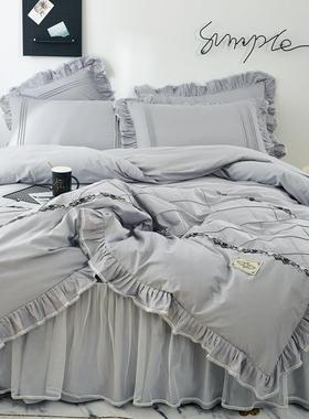 正品网红款四件套全棉套纯棉水洗绿色床裙款ins风主风叶花边被公