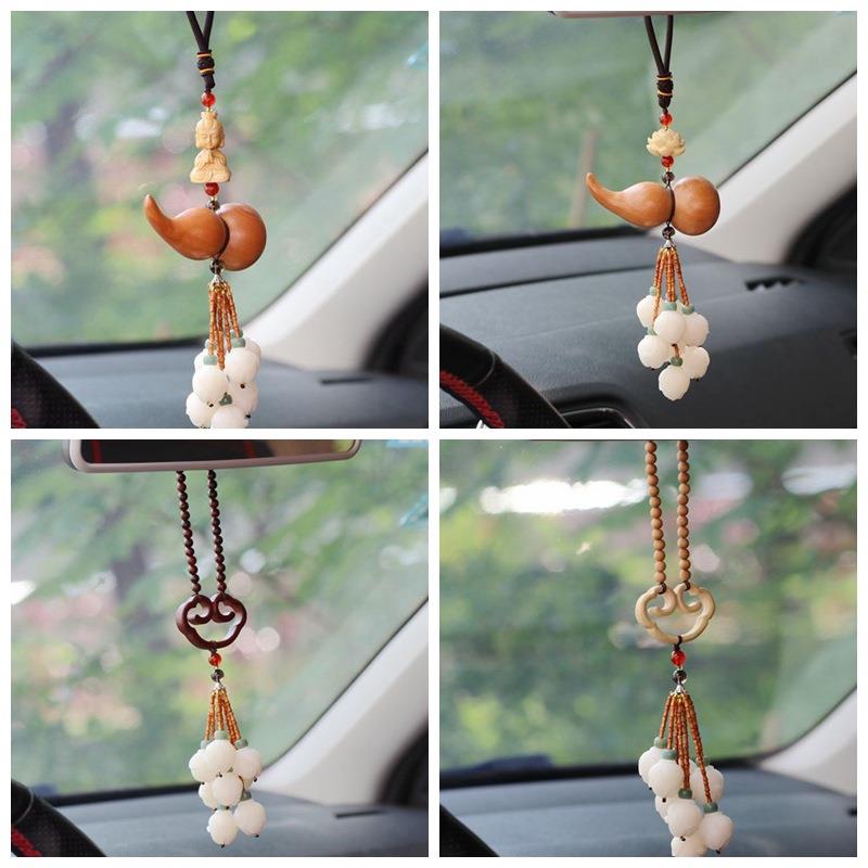 车挂件汽车车挂件紫檀平安锁车挂桃木葫芦后视镜挂件黄杨莲花车