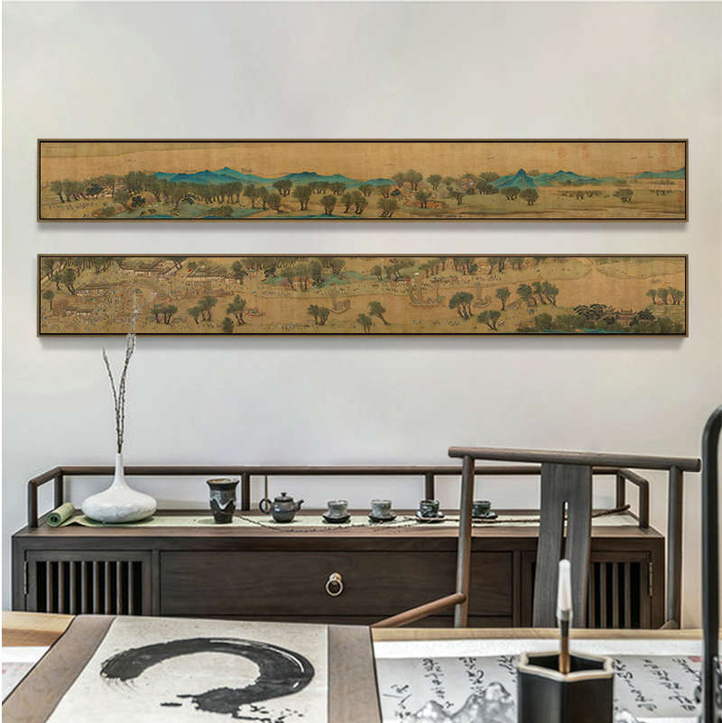 清明上河图水墨挂画新中式客厅背景墙装饰画茶室餐厅酒店壁画长条