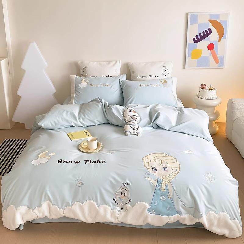 少女心儿童全棉磨毛四件套艾莎公主贴布绣加厚被套秋冬季女孩床品