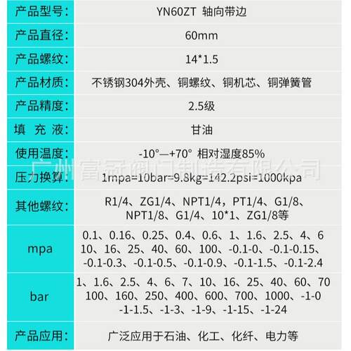 ACUTEK 轴向带边耐震压力表YN60ZT 1.6MPA M14*1.5防震抗震压力表