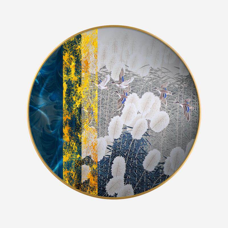 新中式山水圆形装饰画入户玄关对门水墨工笔画客厅沙发背景墙挂画