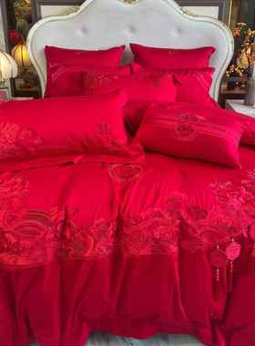婚庆家纺红色四件套100支长绒棉刺绣十件套结婚床上用品陪嫁