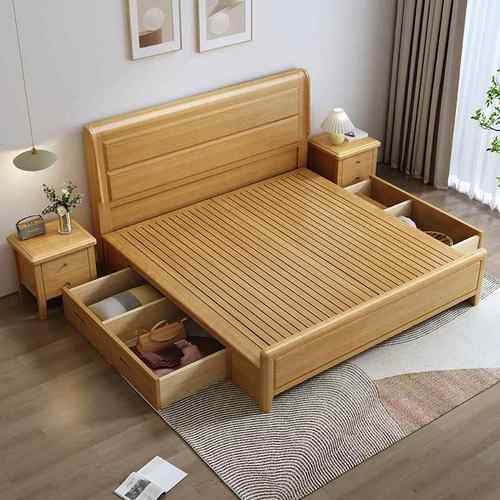 榉木实木床.室小CNI户18m双人卧床现代简约家型用储物气压高箱婚