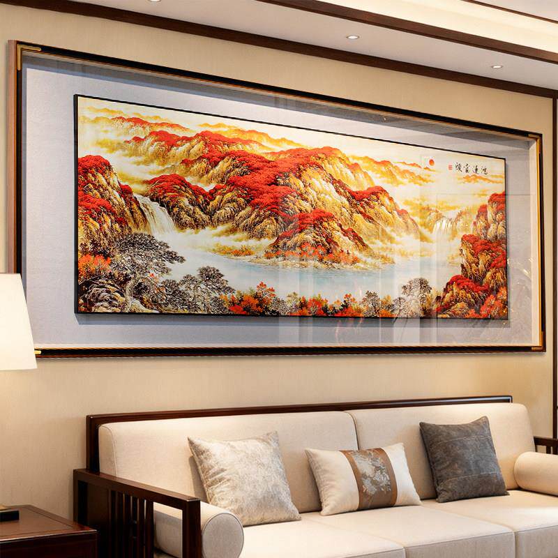 黄铜板鸿运当头客厅装饰画沙发背景墙挂画山水师傅纯手工雕刻别墅