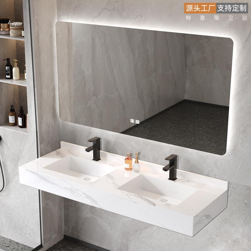 轻奢岩板一体浴室柜组合现代酒店卫生间双台盆洗手池大户型洗漱台