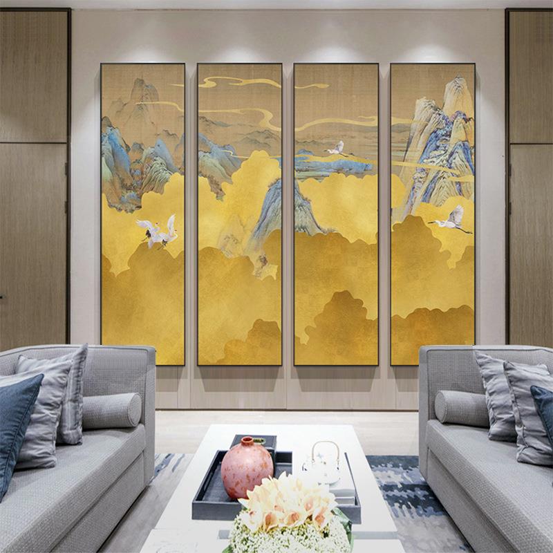 中式竖版装饰画抽象挂黄色大意瑞境风景画酒店堂QZ202109四联画茶
