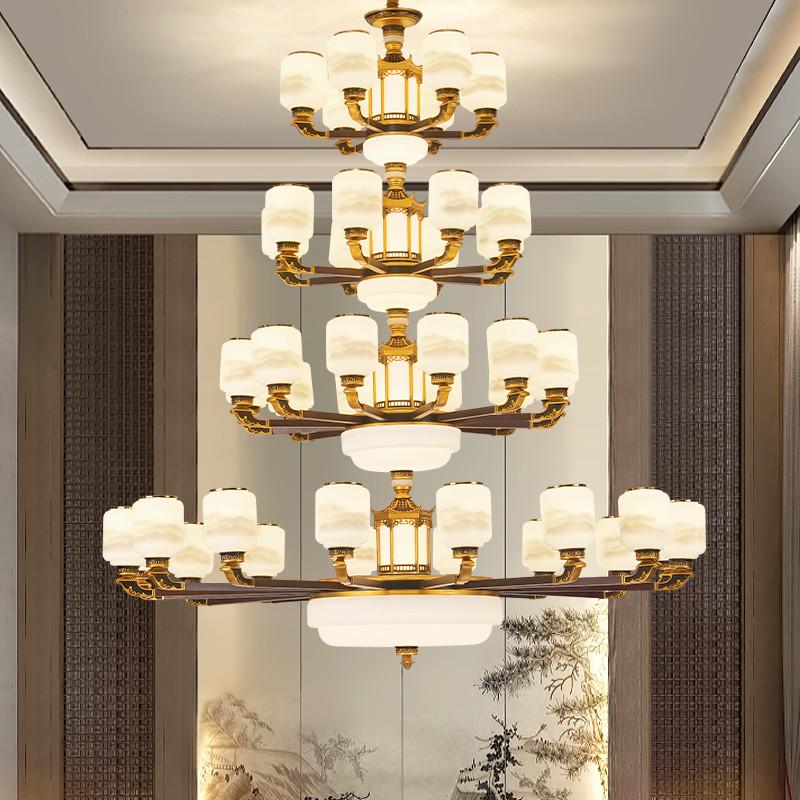 新中式复式楼大吊灯别墅中空客厅楼中楼大厅餐厅铜色玉石实木灯具