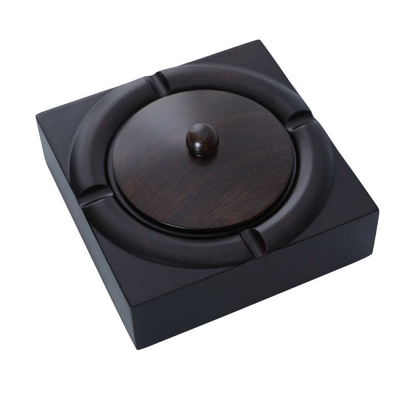 烟灰缸创意个性潮流客厅家用黑檀实木带盖防飞灰中式金属铜制烟缸