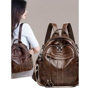 高级感时尚 百搭覆古油蜡皮休闲旅行包多用背包 防盗双肩包女士新款