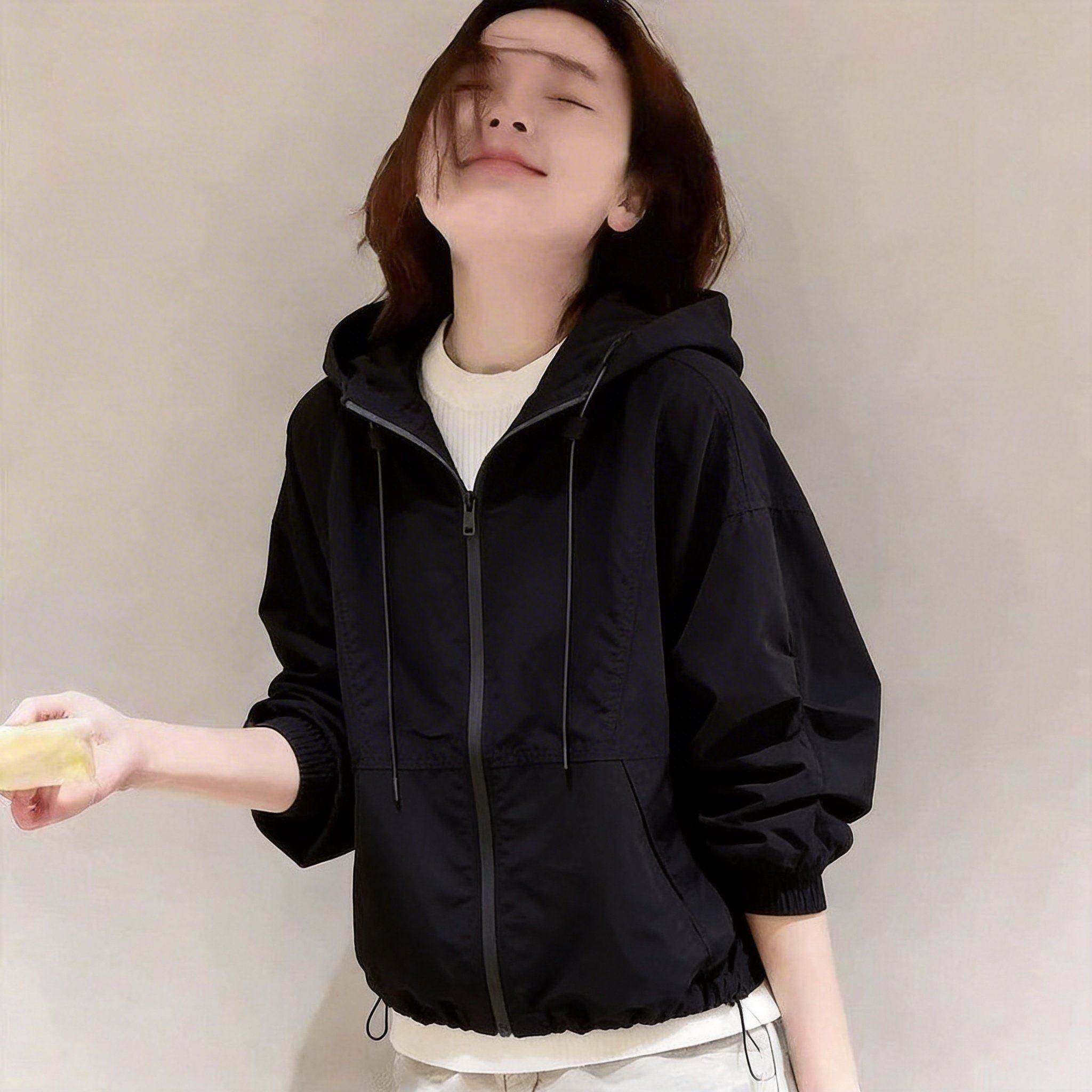 韩国黑色连帽户外休闲冲锋衣外套女春夏百搭宽松显瘦拉炼衫夹克潮