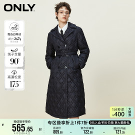 only奥莱90白鸭绒(白鸭绒，)菱格缝线，黑色长款羽绒服女