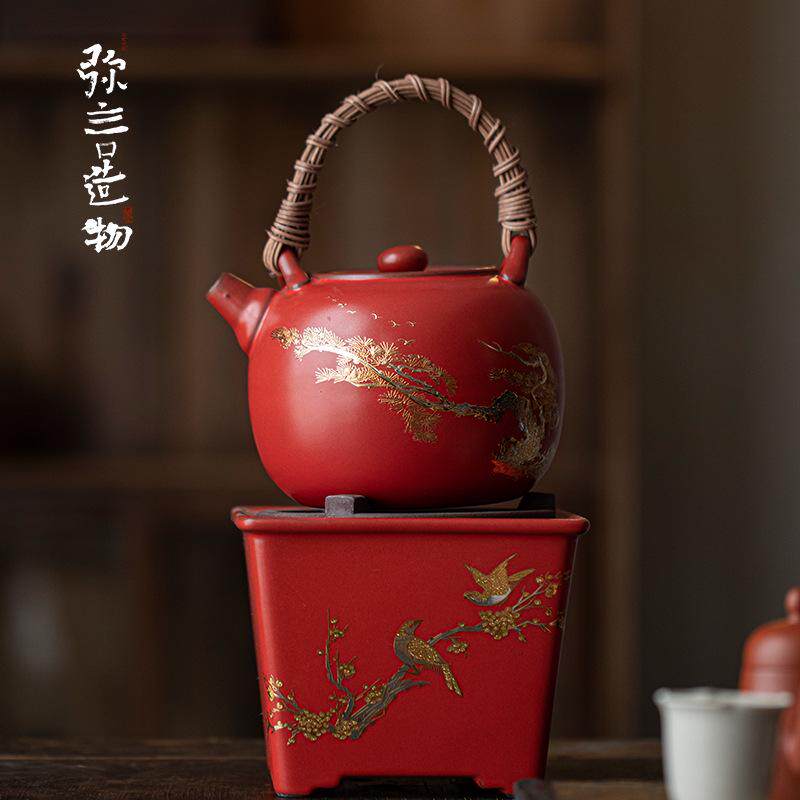 弥言山楂红烫金煮茶壶套装日式碳炉家用大号煮茶煮水套装藤编茶壶
