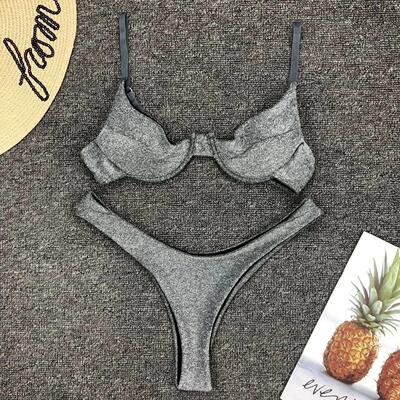 Solid color high waist slim shimmer bikini纯色高腰细闪比基尼