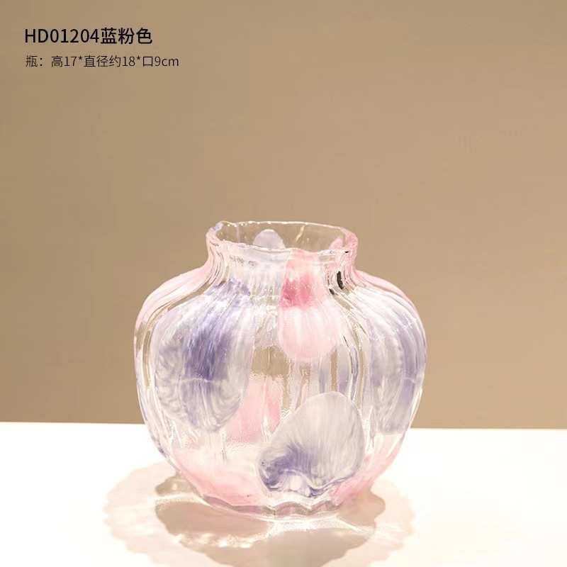 样板间外贸出口宿手工器摆民装饰玻璃花饰简约条纹粉蓝点波紫花瓶