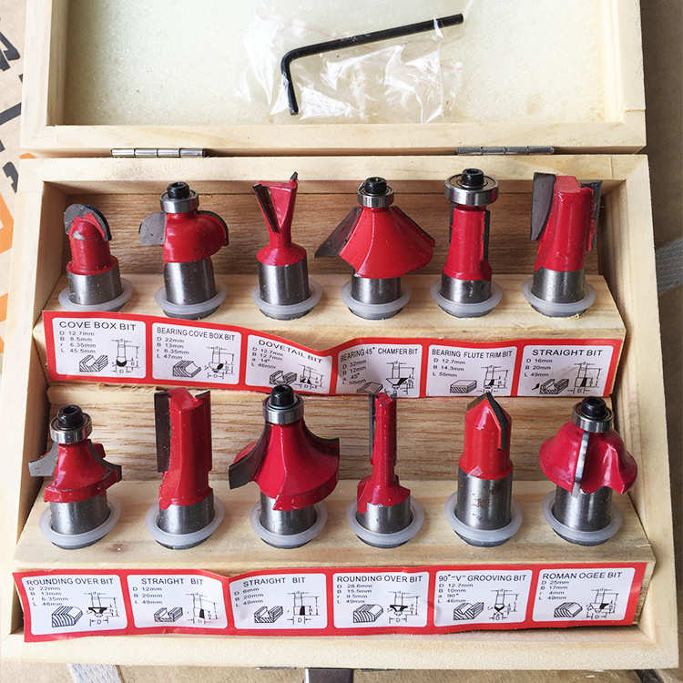 12件套装木工铣刀雕刻机电木铣修边机专用刀具刀头1/4柄1/2柄