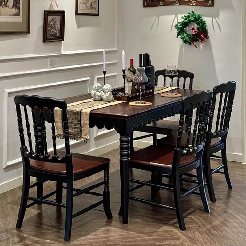 法式中古风全实木餐桌带抽屉长方形饭桌1米6家用饭厅覆古黑色桌子