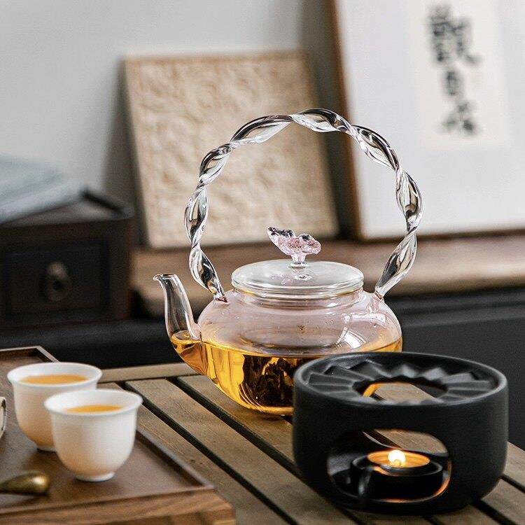 粉色蝴蝶花茶壶耐热玻璃煮茶壶家用茶具黑晶炉煮茶提梁壶泡茶壶