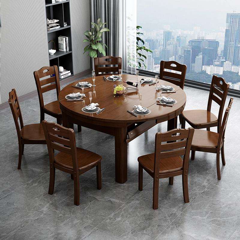 实木餐桌椅组合现代简约小户型可伸缩折叠圆餐桌家用吃饭桌子