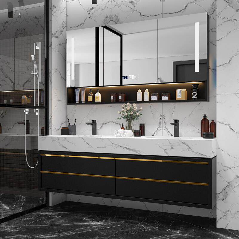 岩板实木双盆浴室柜组合轻奢现代简约智能镜洗手台盆卫生间洗漱台