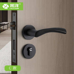 室内静音 锁铝房门锁门锁简约分体美式 卧室实木黑色 门锁太空现代