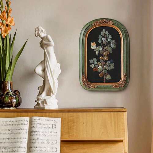 中古小众古典复古怀旧装饰画法式植物花卉拱形框美式挂画餐厅房间