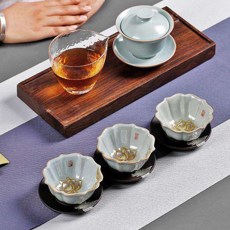 手绘银莲花汝窑茶杯个人开片可养带盖大号汝瓷茶盏主人杯品单杯