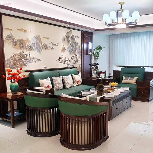 新中式实木沙发组合别墅高端家具客厅简约中式乌金木沙发全屋定制