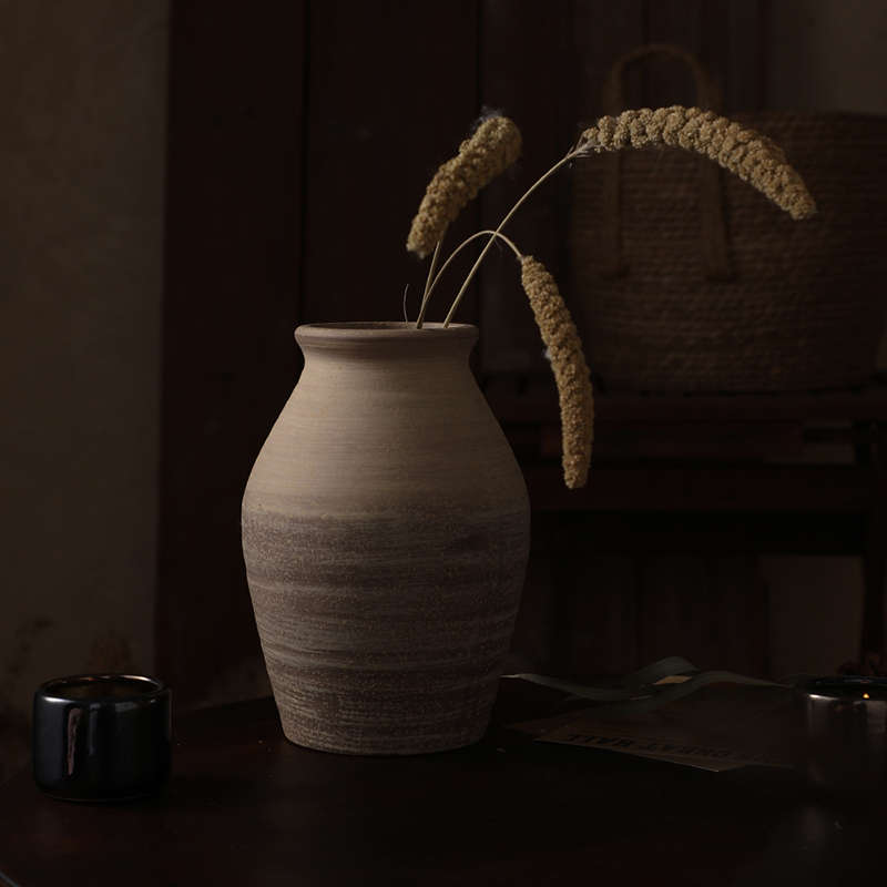 复古粗陶花瓶 侘寂风花瓶摆设 古典干花花花插 做旧风格花器