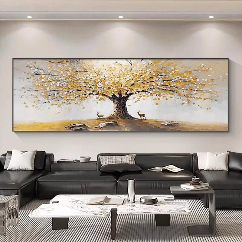 招财发财树客厅装饰画高级床头挂画吉祥鹿沙发背景墙壁画2024新款