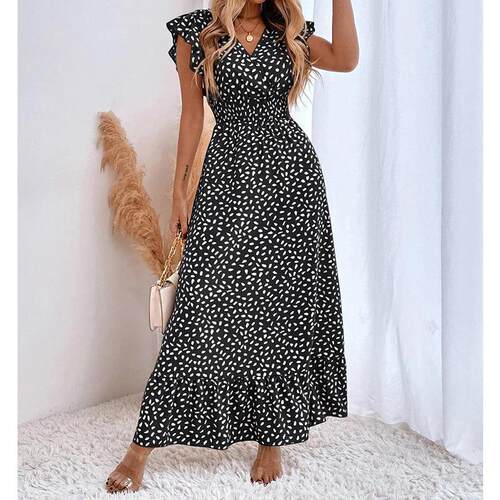 Women's waist cinched long skirt with ruffle edge dress