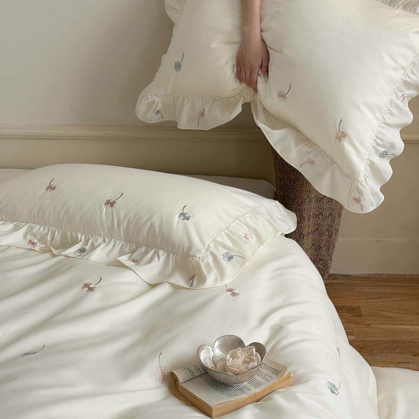 韩系100S高支全棉磨毛三四件套花边女生刺绣秋冬保暖加厚纯棉床品