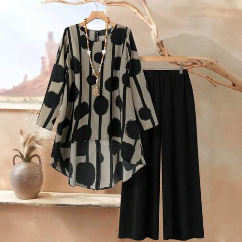Women's printed irregular long-sleeved top and elastic waist