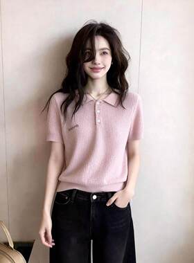 超好看翻领粉色短袖上衣女夏季法式设计感小众时尚百搭气质女装